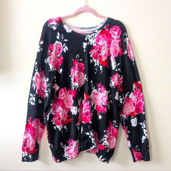 Charter Club Long Sleeve Black Pink Floral Print Button Cardigan Spring 3X - Picture 1 of 6